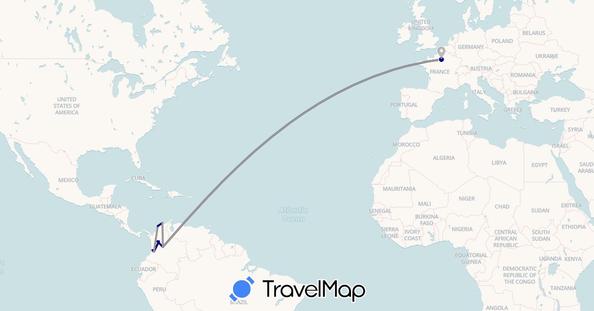 TravelMap itinerary: driving, plane in Colombia, France (Europe, South America)